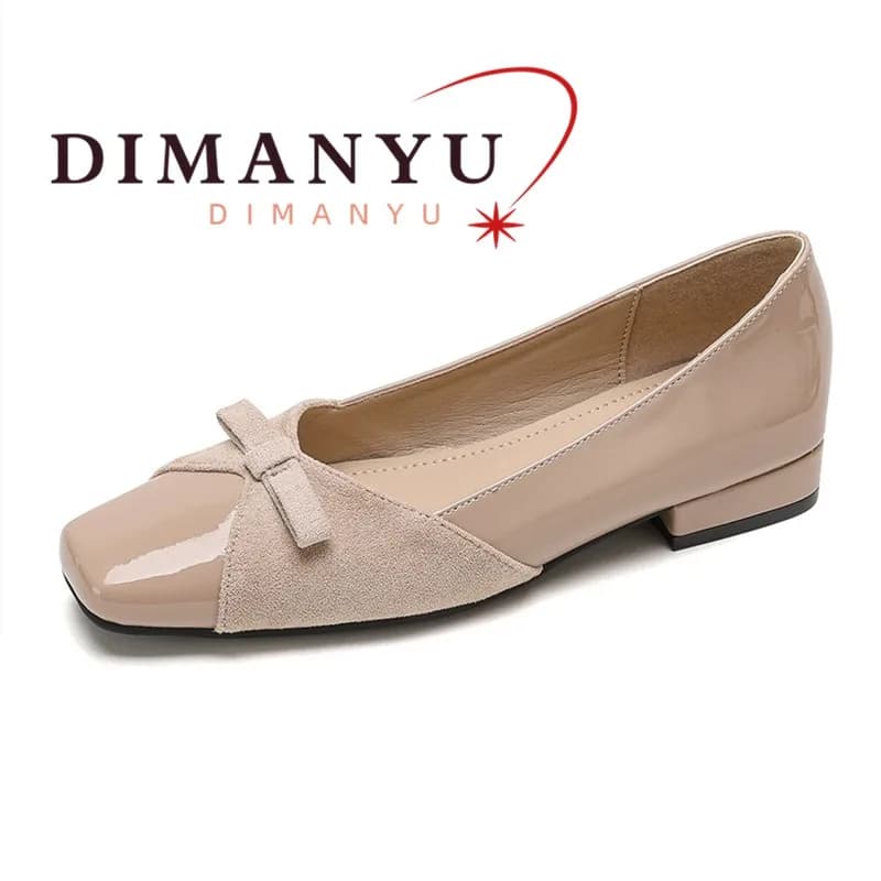 DIMANYU Scarpe da Donna con Punta Quadrata e Tacco Basso, in Pelle Verniciata e Camoscio, Misura Grande, Scarpe Eleganti con Fiocco