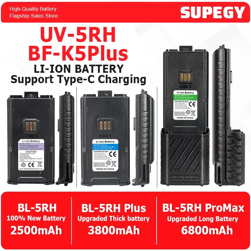 Batteria per Walkie Talkie UV-5RH BF-K5Plus 2024 Nuova Versione Aggiornata Batteria Li-ion 6800/3800mAh con Ricarica Type-C