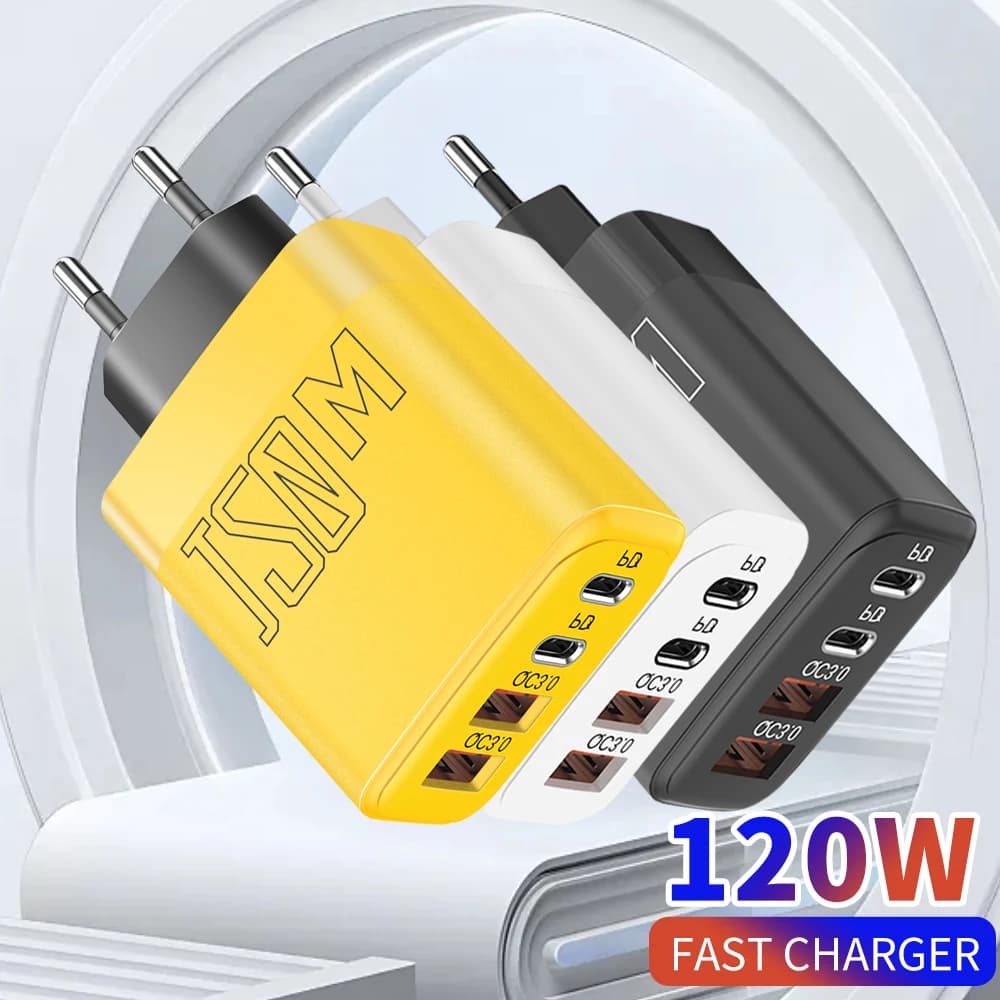 Total 120W USB C Charger Fast Charging Multi 4 Ports Type C Mobile Phone Wall Adapter For iPhone 15 16 Pro Max Xiaomi 15 Huawei