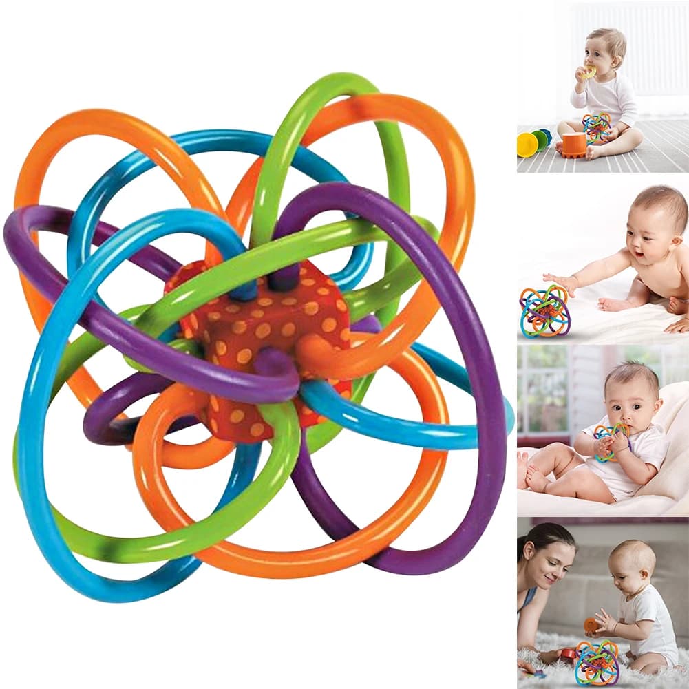 Giocattolo sensoriale 2 in 1 per la dentizione, antigraffio, con sonaglio, per lo sviluppo precoce, in morbida gomma, regalo ideale per bambini e bambine