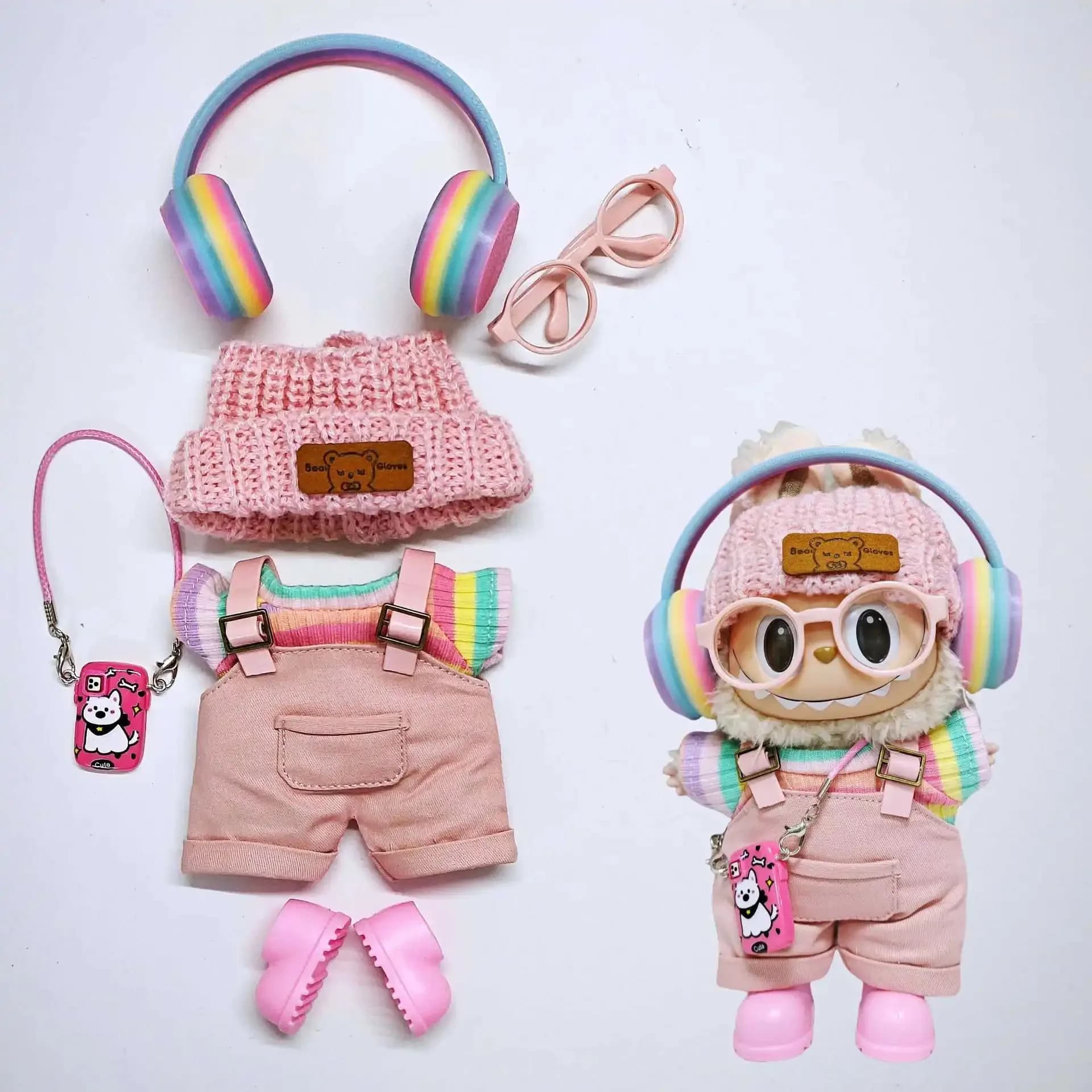 nuovi pantaloni cargo rosa caldo da labubu, abbigliamento con gonna a pieghe color arcobaleno, set di cuffie colorate, accessori Labubu