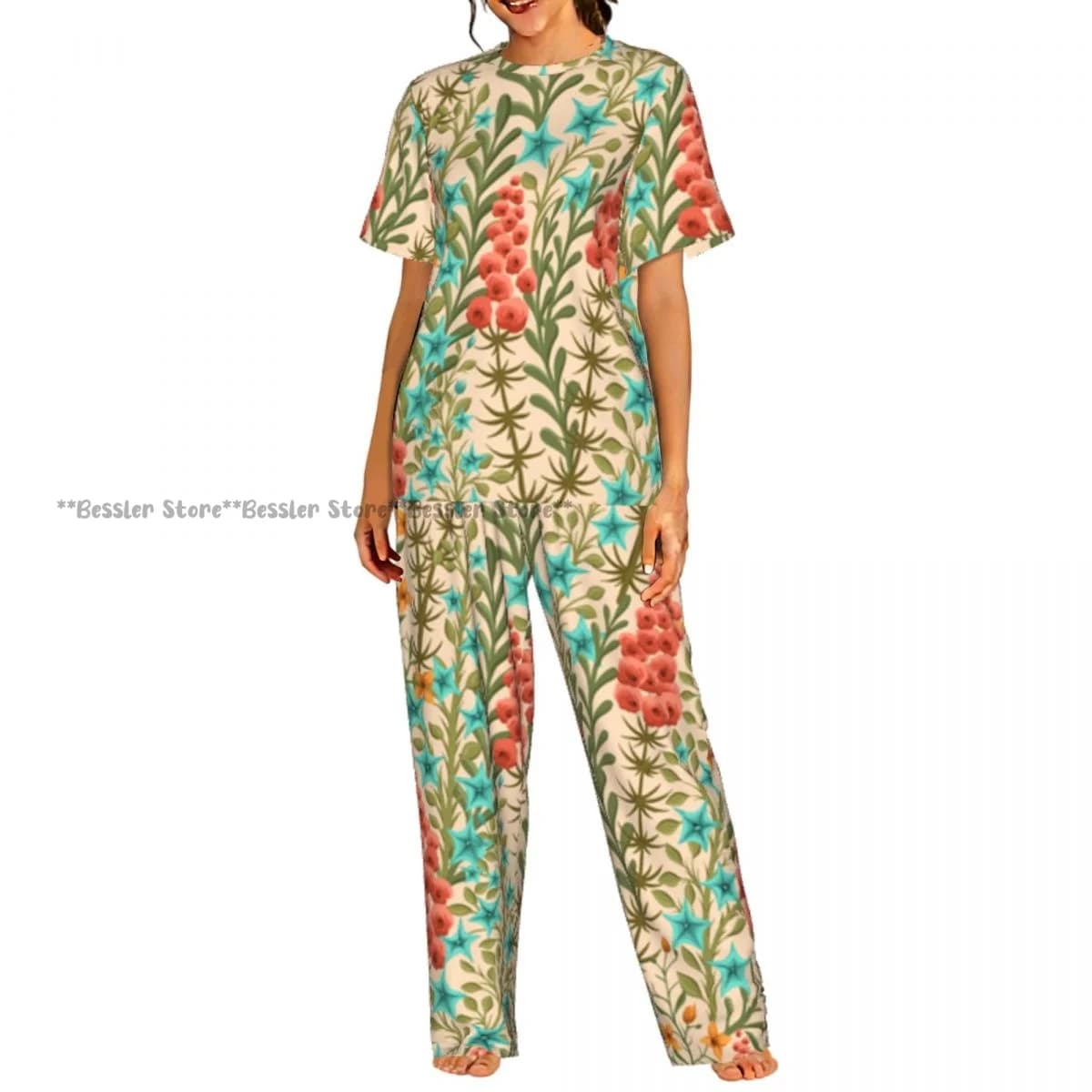 Women's casual pajamas set with short sleeve trousers with flowers and floral leaves