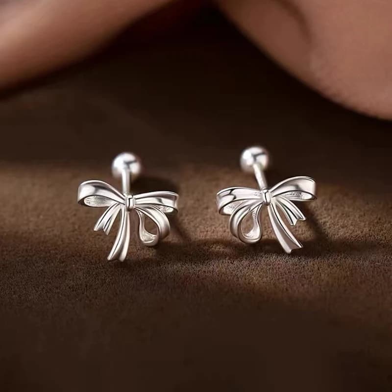 Real 925 Sterling Silver Bowknot Bead Screw Mini Stud Earrings For Women Classic Fine Jewelry Light Luxury Accessories In Summer
