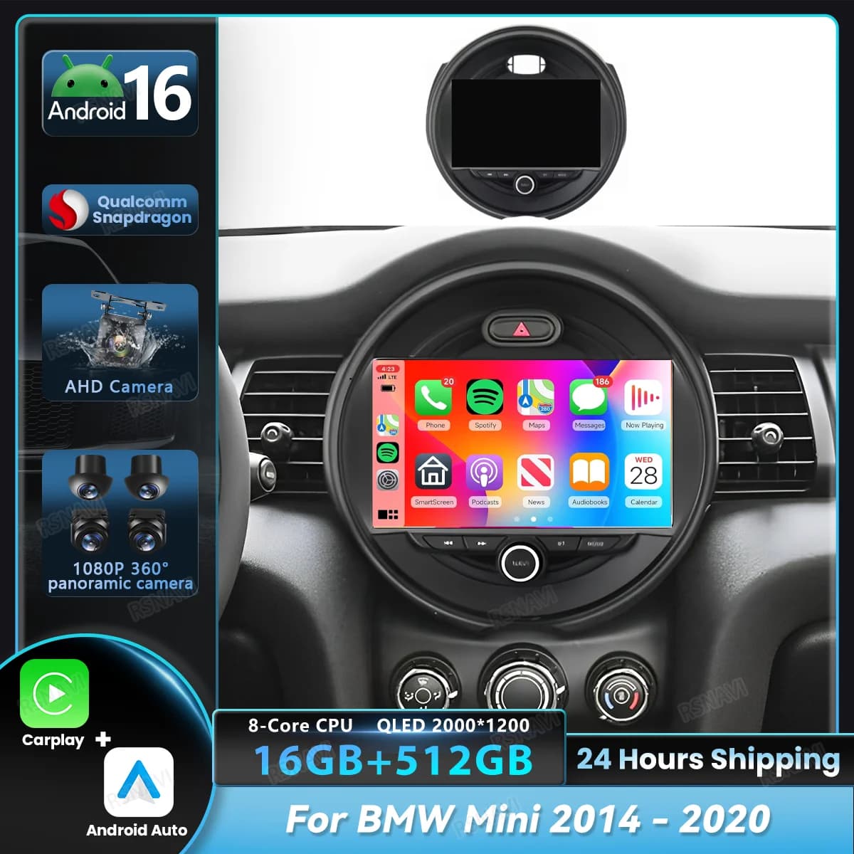Autoradio Android 16 Carplay per BMW MINI Cooper F54 F55 F56 F60 2015-2019, schermo 2K, stereo multimediale per auto