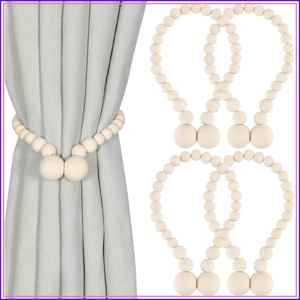 Magnetic Curtain Tiebacks 4 Pack, Wood Bead Curtain Holders for Boho Bedroom Decor, Farmhouse Nursery