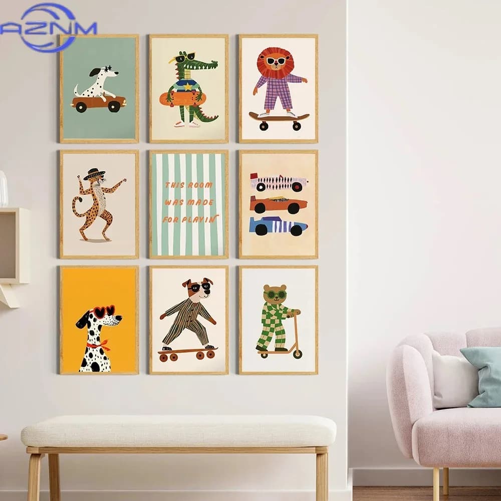 Dog Lion Bear Skateboarding Wall Art Posters Animal Nursery Canvas Painting Print Sports Theme Pictures Modern Kids Room Decor