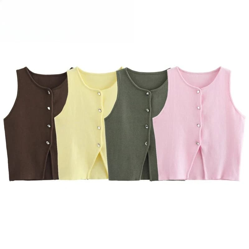 Gilet in maglia rosa senza maniche da donna, top corto in maglia, gilet giallo con bottoni da donna, gilet streetwear in maglia