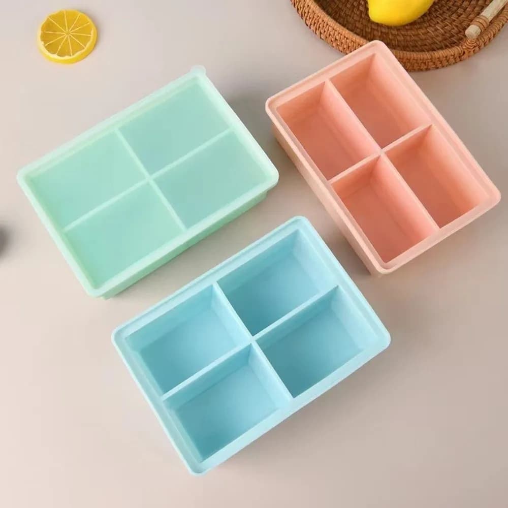 New Silicone Ice Making Mold Leak Proof Lid 4 Grid Ice Cube Tray Large Capacity Square Shape Soup Container for Meal Prep