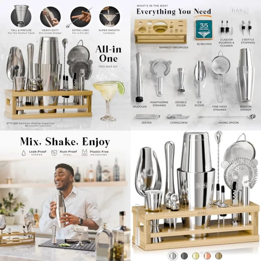 Set da Barman per Mixology, Kit da 16 Pezzi con Shaker per Cocktail, Utensili per Miscelare Martini, Attrezzatura per Bar Domestico Inclusa 35 Ricette Ca