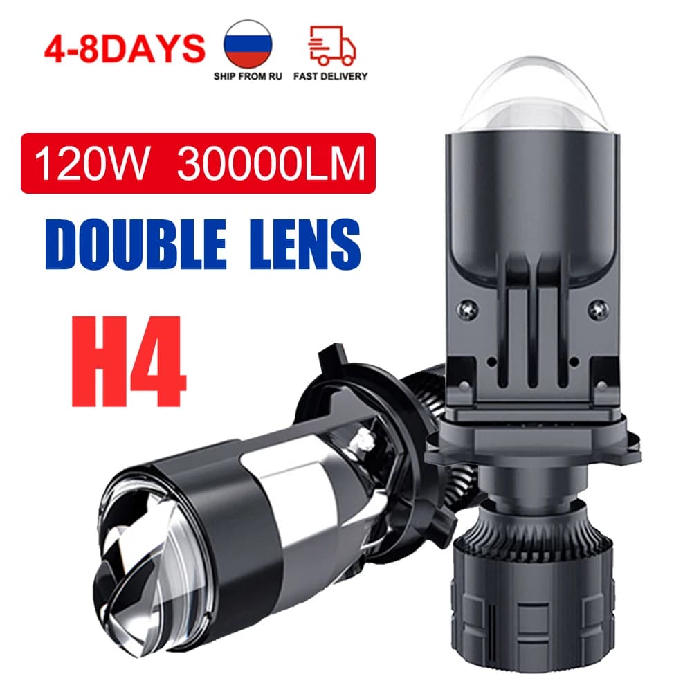 Proiettore LED H4 Len 120W 30000LM Lampada automatica Mini lente LED H4 9003 HB2 Lampadine Faro per auto Lampadina a LED per moto Fascio alto e basso