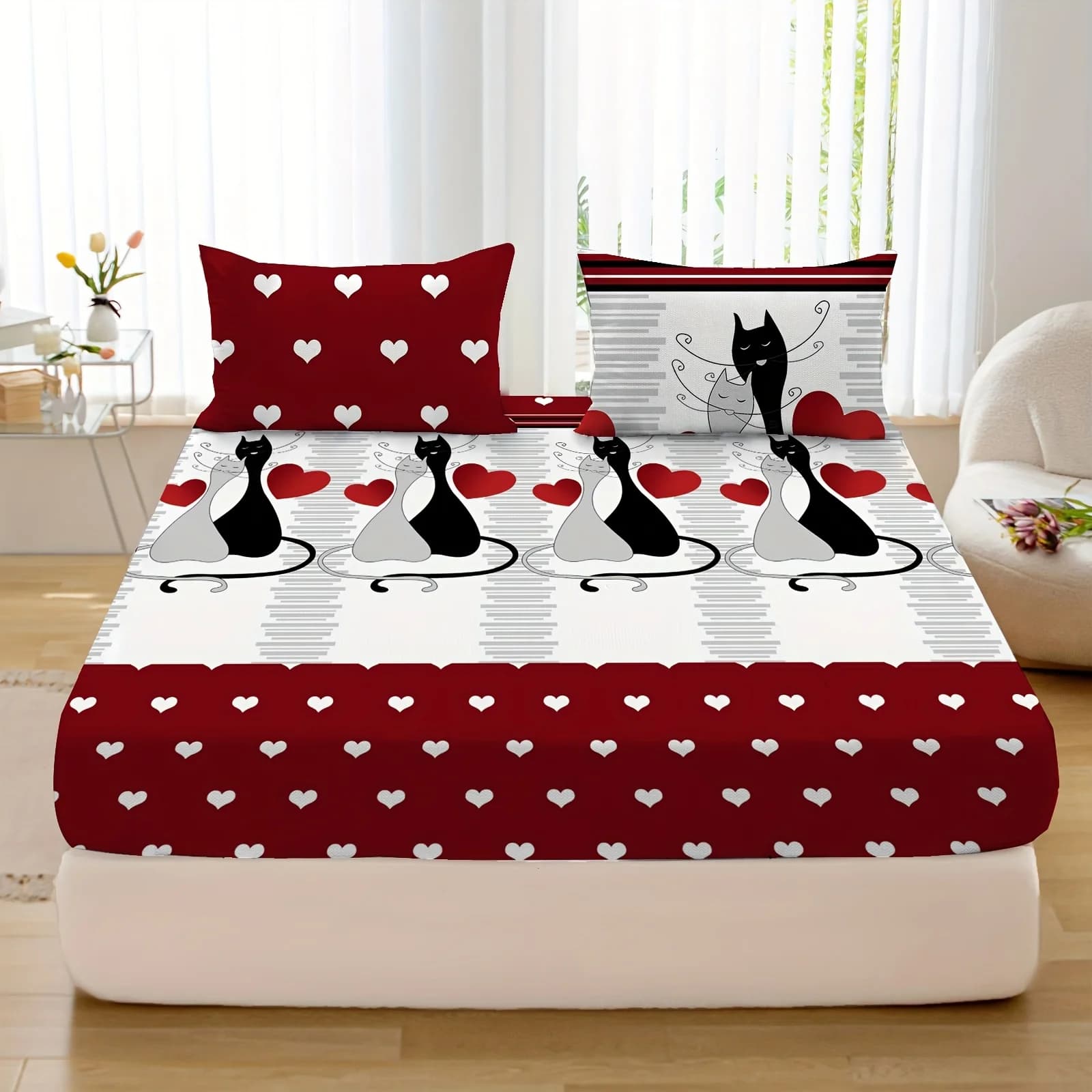 4 pieces of heart-shaped hats for simple and cute cats (1 bed hat 1 sheet 2 pillowcase, without soul) washable in washing machine. Gift of the festival