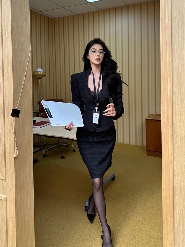 Syxatn N13 Women's Business Stripe Suit Jacket And Skirt Set Spring Summer Fashionable plus Size Office Wear Two Piece Set