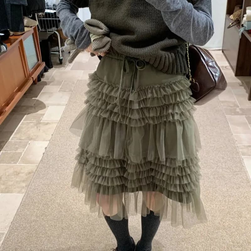 Completo Due Pezzi da Donna: Top in Maglia a Maniche Corte e Gonna Midi in Tulle a Strati, Stile Casual Dolce per Primavera e Autunno