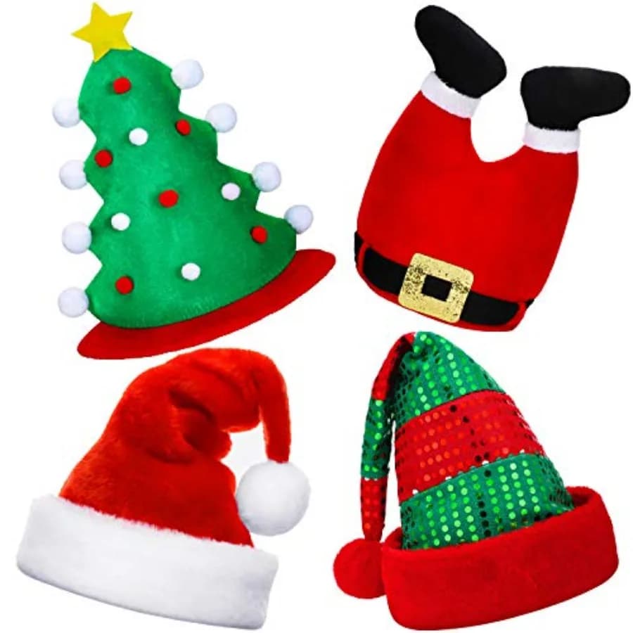4 Pezzi Cappelli Natalizi Divertenti Unisex, Cappelli di Babbo Natale Originali, Cappelli a Forma di Albero di Natale, Copricapo da Elfo Natalizio, Accessori per la Testa