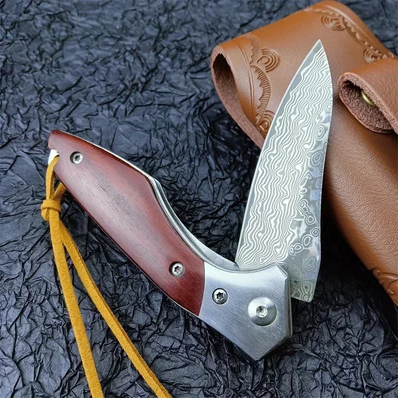 Nuovo Coltello da Cucina Giapponese in Acciaio Damasco VG10, Coltello Pieghevole da Campeggio e Caccia, Coltello Tascabile da Sopravvivenza EDC con Manico in Legno