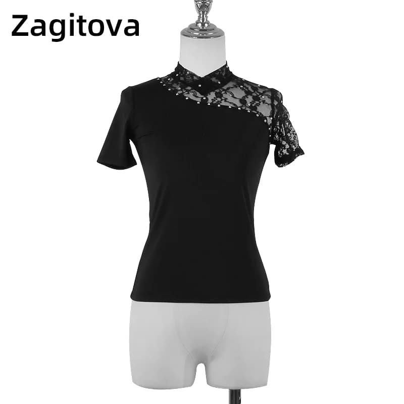 Maglietta pattinaggio artistico top ragazza donna allenamento adulto pattinaggio su ghiaccio ginnastica Pullover manica corta modello pattinaggio diamanti