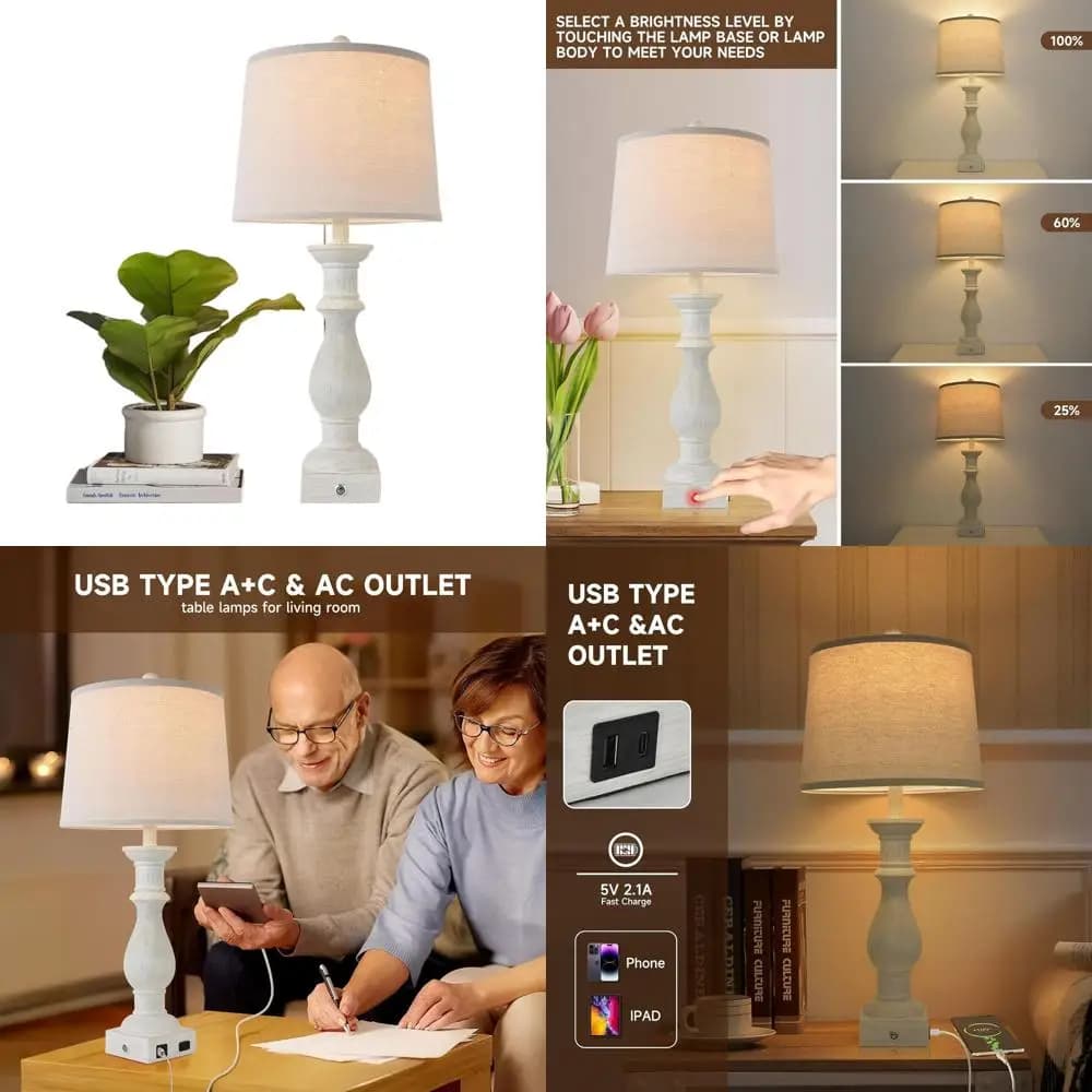 Set dimmable vintage desk lamps, 2 pieces with USB ports and socket, suitable for bedroom, living room, office and dining area