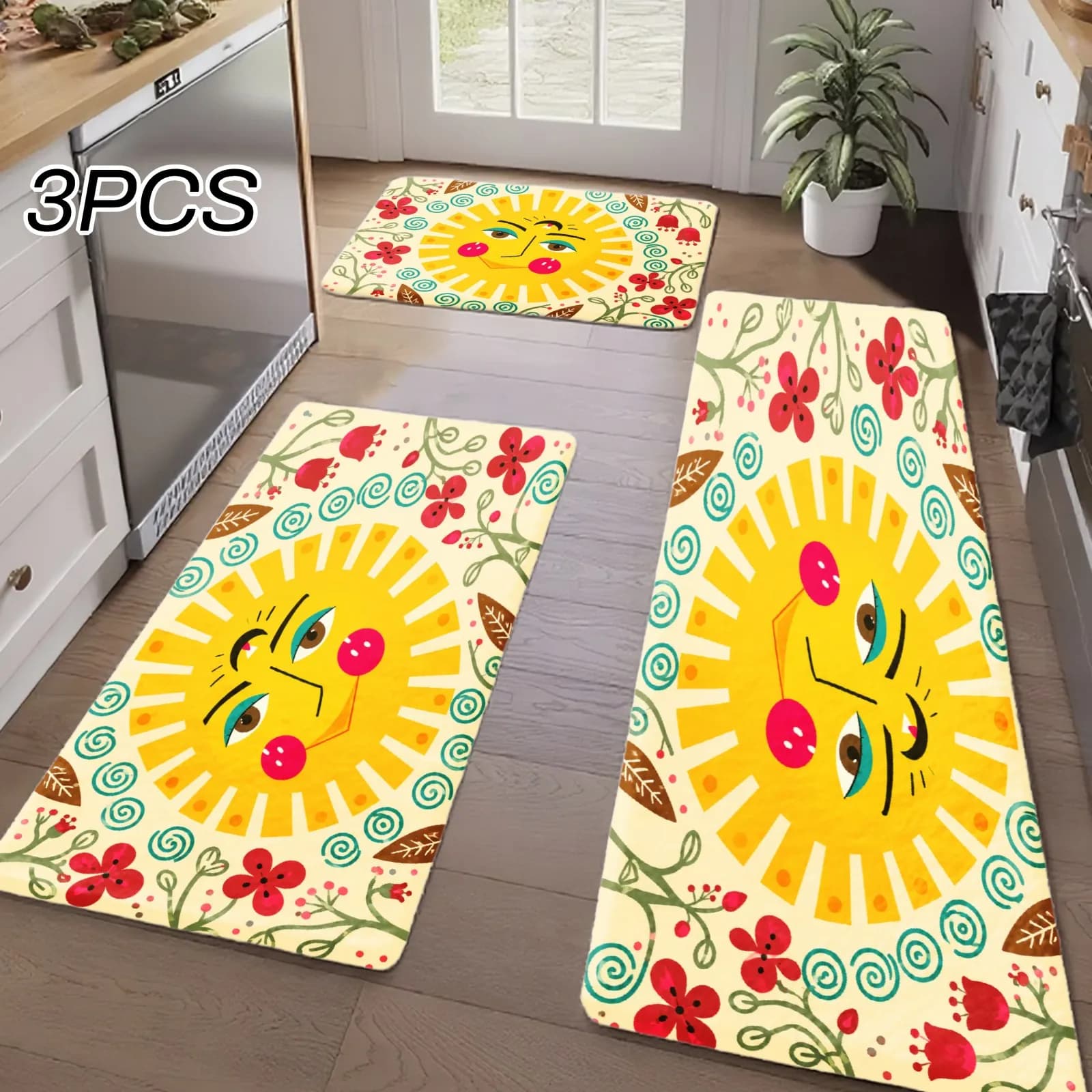 3PCS Kitchen Rugs,Home Decoration for Front Door, Kitchen, Sun Face Floral Pattern With Red Flowers And Leaves Dining Mat