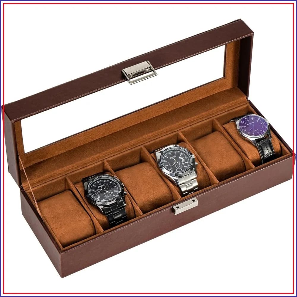6-Slot Watch Box with Glass Lid - PU Leather Watch Storage Organizer, Gift for Dad Husband Men