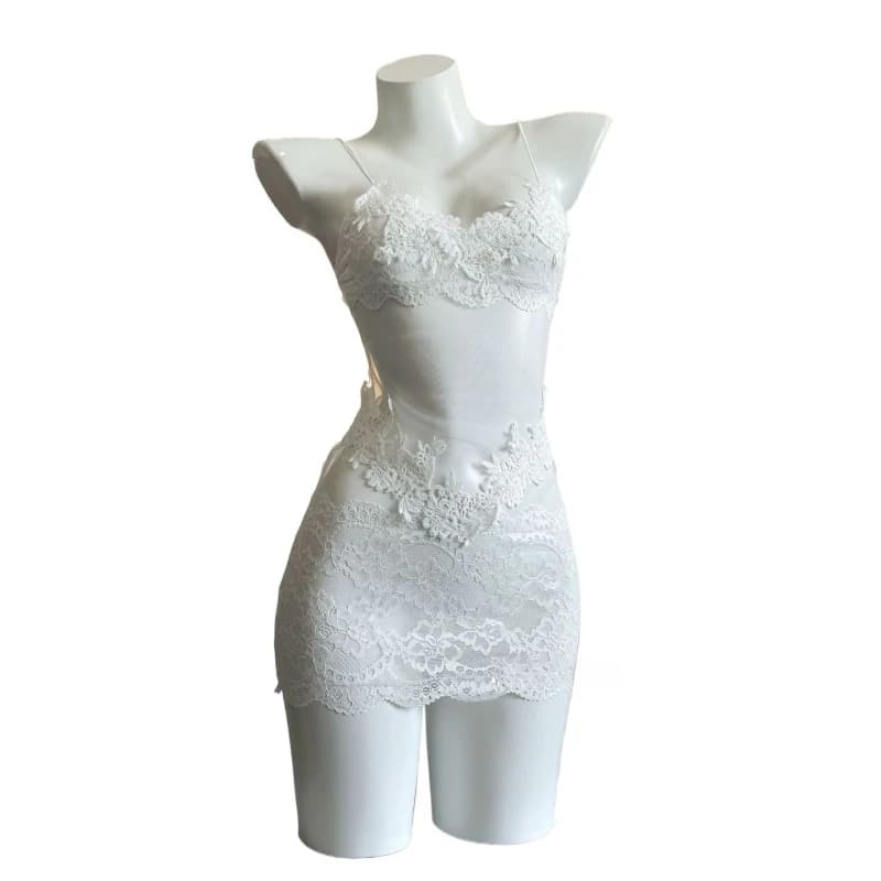 Abito Sexy in Pizzo Ricamato Senza Spalline, Camicia da Notte Trasparente in Rete, Lingerie Scollata per Giochi di Ruolo