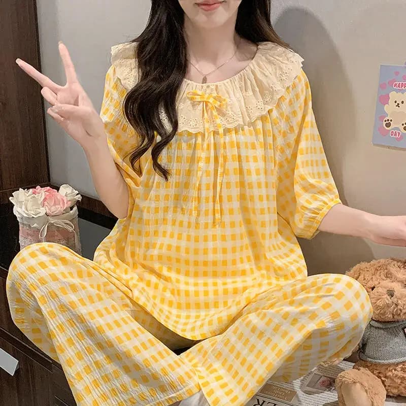 Set Due Pezzi Stile Coreano con Colletto in Pizzo, Camicia da Notte Estiva per Donne, Dolce Pigiama a Quadri Giallo a Maniche Corte
