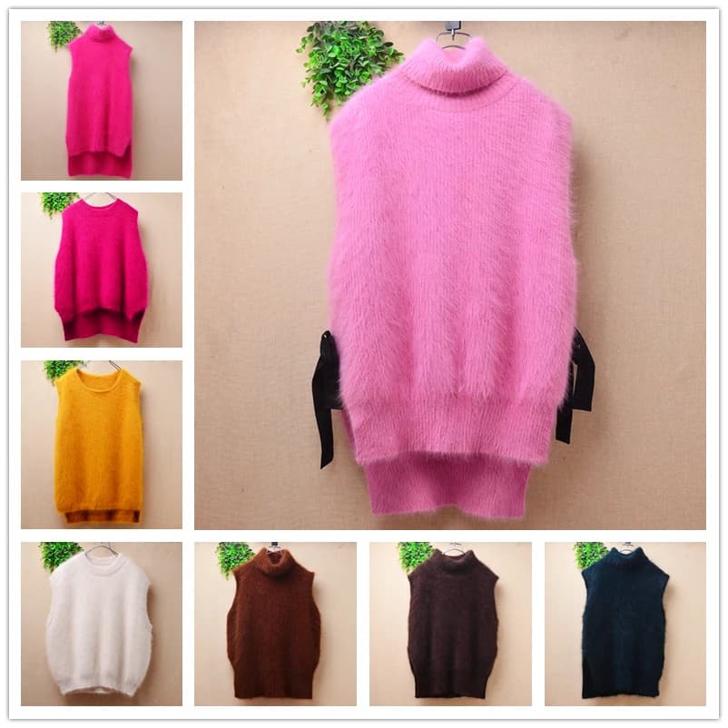 Elegante moda donna donna autunno inverno abbigliamento peloso peluche visone cashmere lavorato a maglia senza maniche gilet di pelliccia d'angora maglione