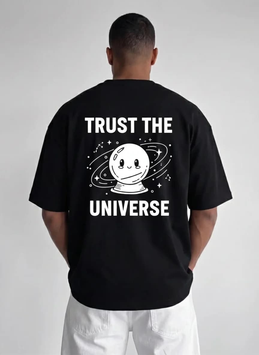 T-shirt Grafica 'Trust the Universe' con Stampa di Sfera di Cristallo, Maglietta Nera Oversize Stile Streetwear Unisex, Abbigliamento Casual