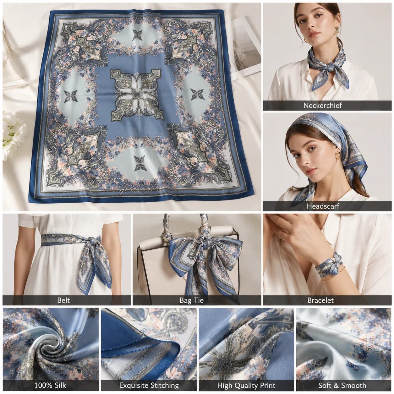 Fantasy Blue Flower Fantasy Silk Scarf 65x65cm, 100% pure mulberry silk square scarf, versatile accessory, suitable for neck, ha