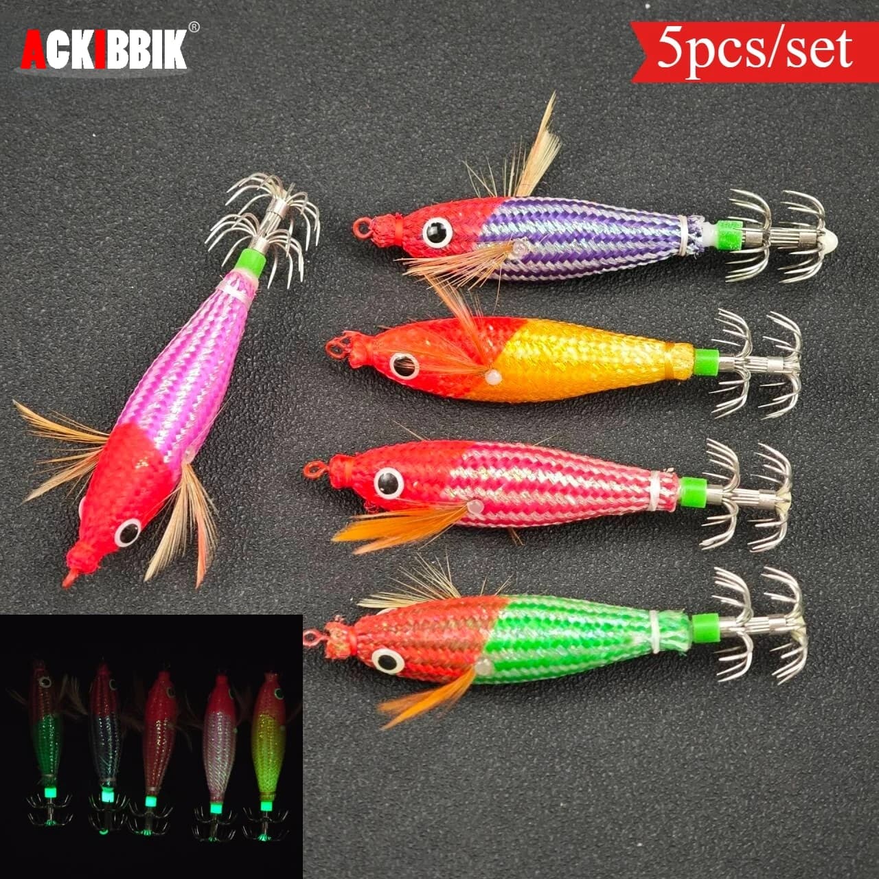 Set di 5 esche luminose orizzontali Egi da 8 cm, esche artificiali a forma di gambero per la pesca di calamari e seppie in acqua salata, set di attrezzatura da pesca