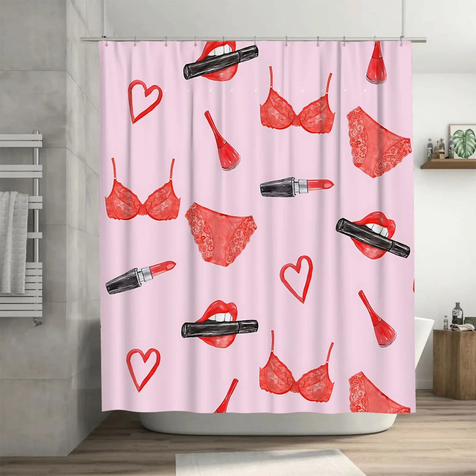 Tenda da doccia in pizzo rosso e cosmetico per donna - Decorazione da bagno sexy e chic Impermeabile Durevole Gancio complementare Facile da pulire