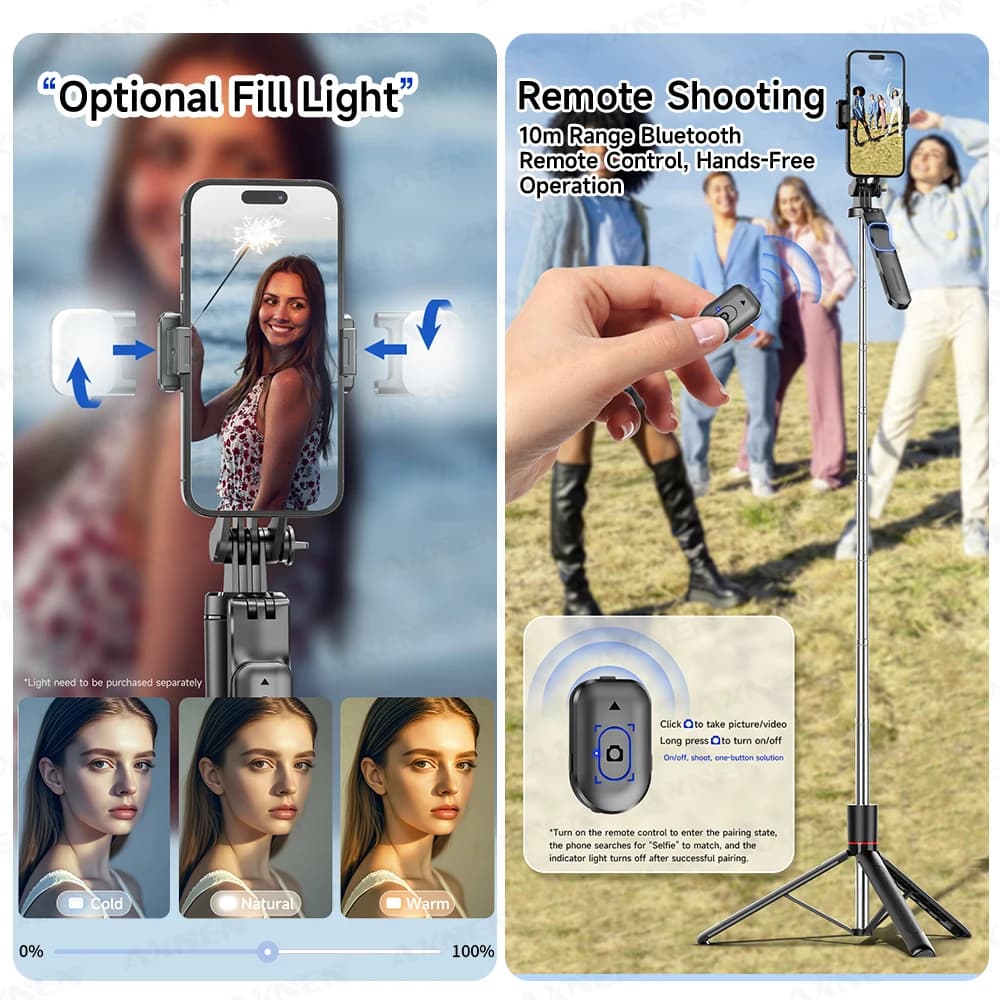 Treppiede per selfie F16 con asta lunga 1708 mm a 8 sezioni, telecomando Bluetooth, 360° ° Rotazione, Interfaccia 1/4, per Videocamera del Telefono e Vlog