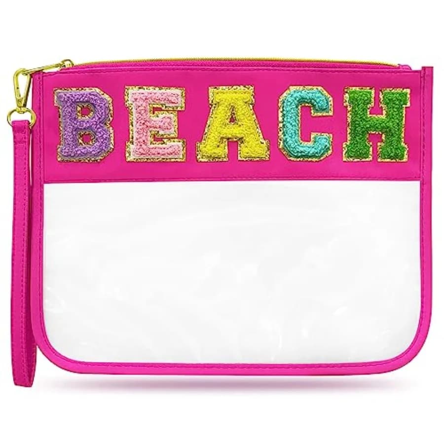Borsa da Spiaggia Trasparente con Lettere in Ciniglia, Pochette in Nylon con Cerniera per Trucchi, Borsa da Viaggio per Cosmetici e Articoli da Toilette, Borsa Impermeabile per Protezione Solare e Vacanze al Mare