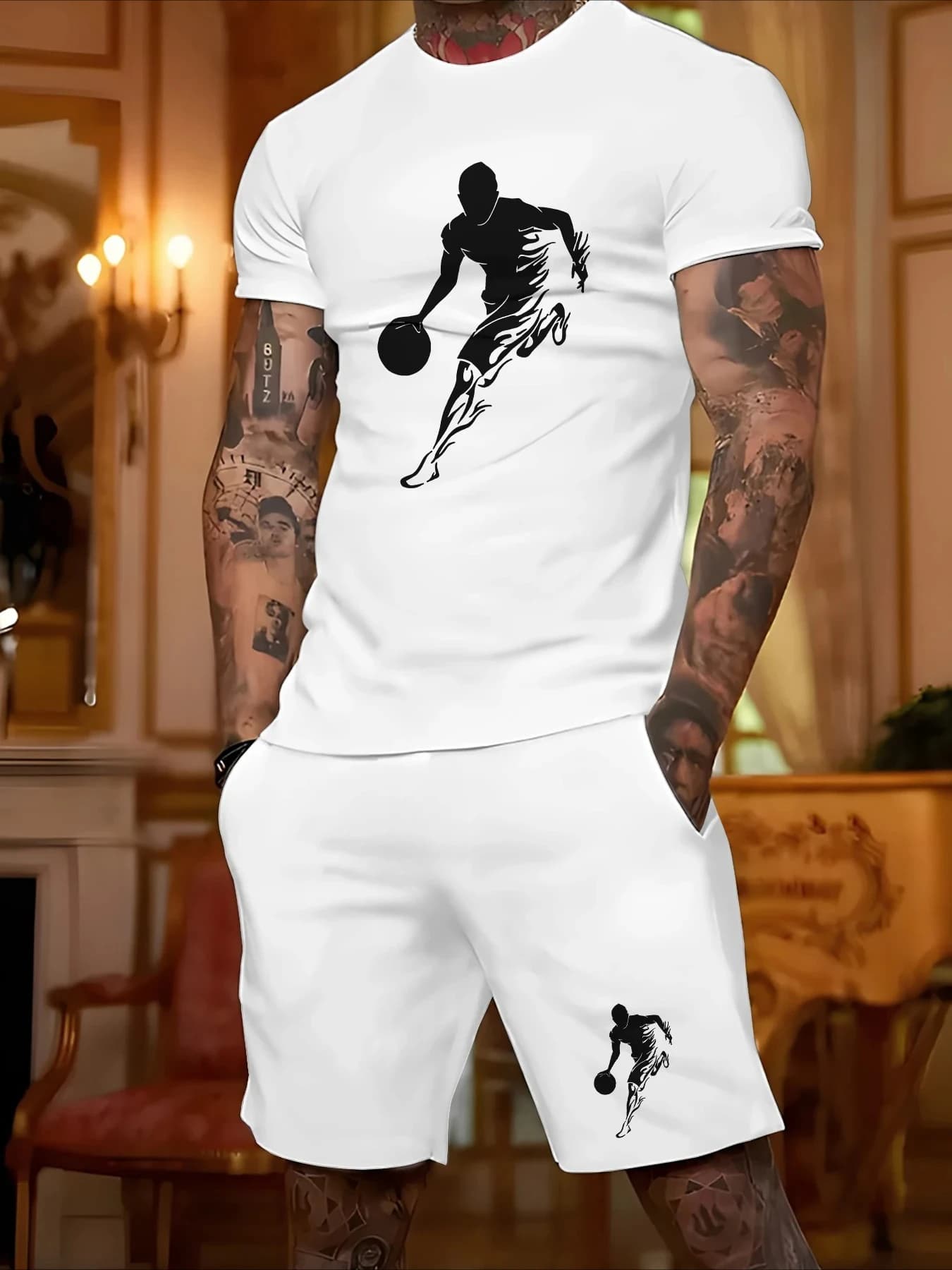 New 2026 men's casual fashion set, T-shirts and shorts with basketball print, convenient sports set for quick drying