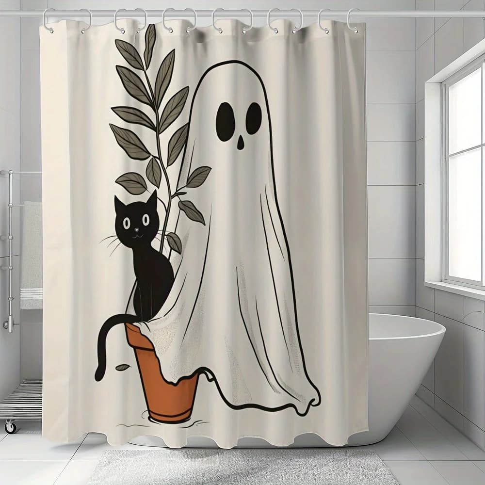[ ] 1pc Halloween Cute Black Cat And White Ghost Shower Curtain - Spooky Artsy - Polyester Bathroom Decor, Machine Washable, All
