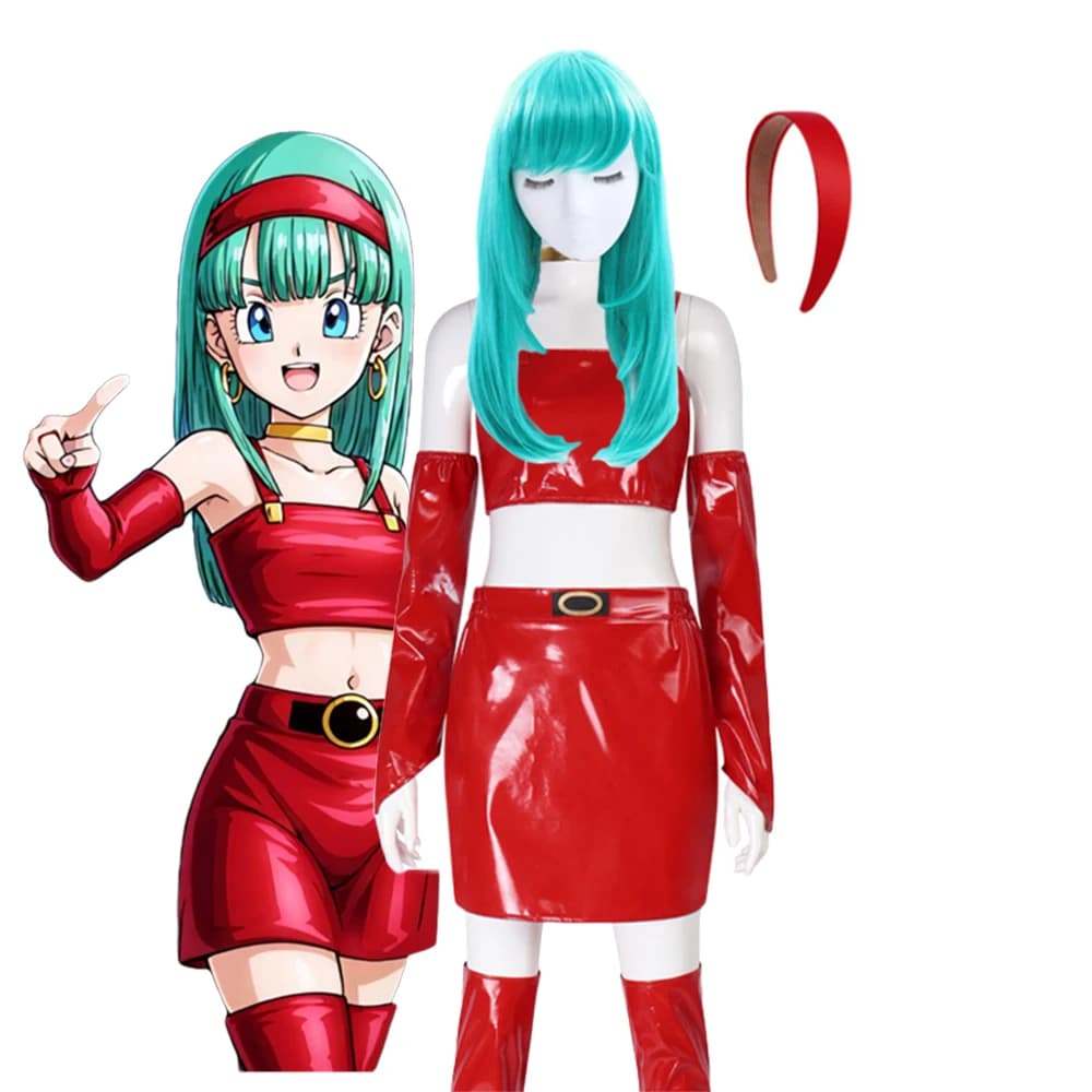 Bulma Cosplay Uniform Costume Red Leather Brilliant Upper skirt Socks with Sleeves Copricapo Blue Wig Set Halloween Party for Women