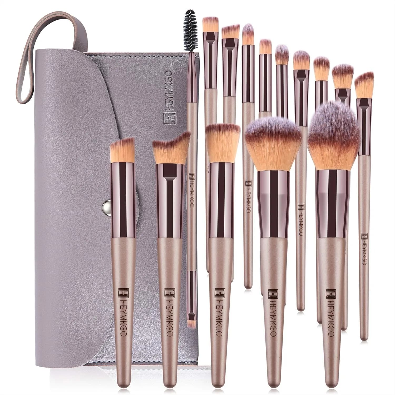 Set di Pennelli da Trucco Professionali 15 Pezzi Oro Champagne, Kit per Fondotinta, Sfumatura, Cipria, Blush, Correttore e Trucco Occhi con Borsa
