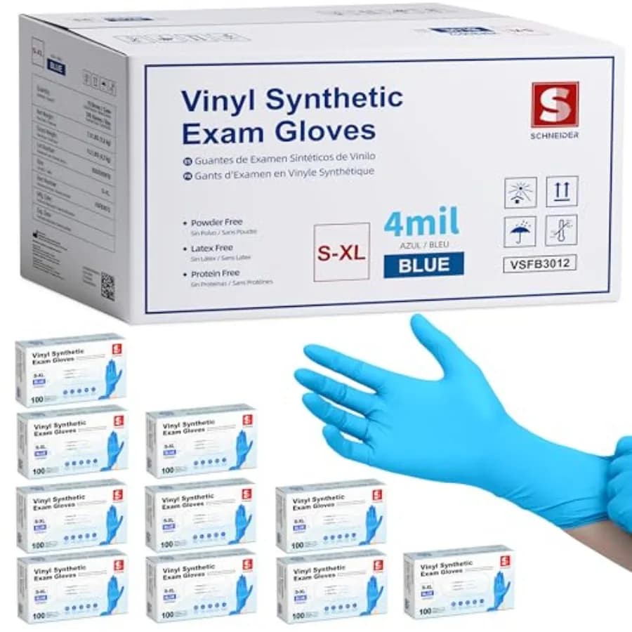 Guanti Sintetici in Vinile Blu per Esami, 4-mil, Senza Polvere, Senza Lattice, Non Sterili, Monouso, Confezione da 1000