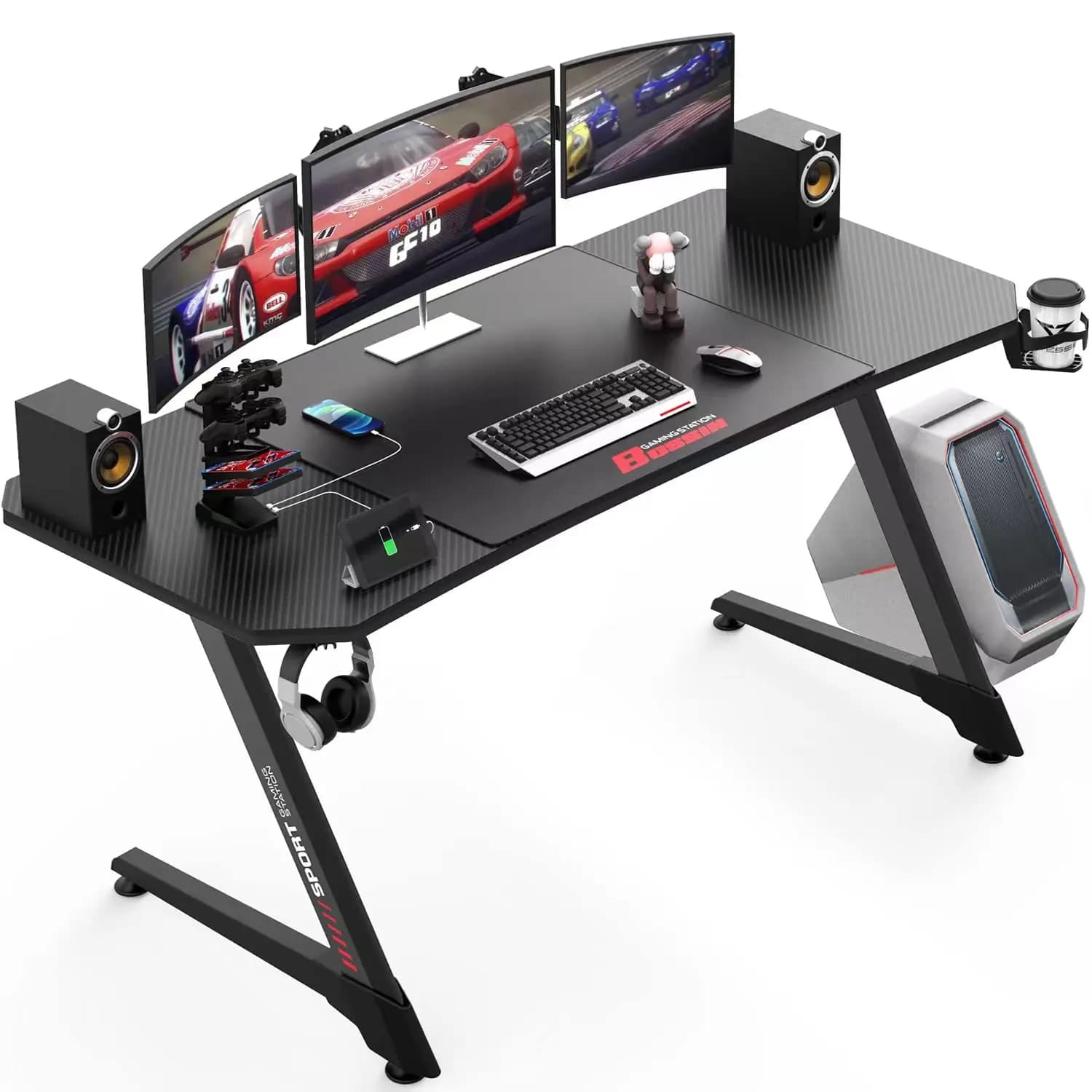 Scrivania da Gaming Ergonomica 55 Pollici, Scrivania per PC a Forma di Z con Tappetino per Mouse, Tavoli da Gamer con Maniglia, Personalizzabile