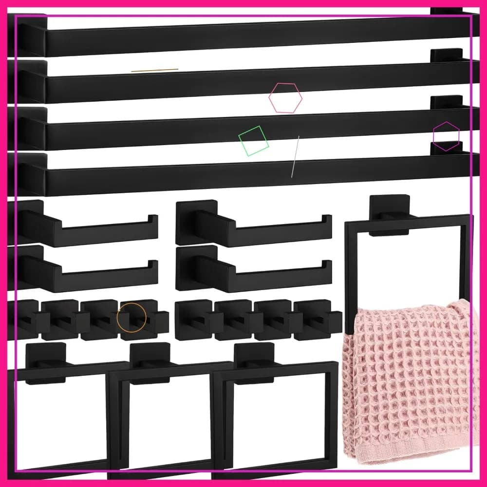 Set di accessori per il bagno neri da 20 pezzi, kit portasciugamani da 23,6 pollici, accessori da parete in acciaio inossidabile con mensole e ganci