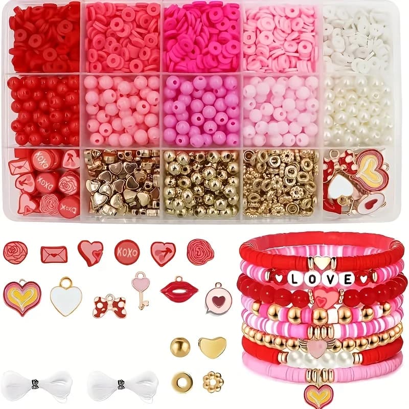 2800 pezzi di braccialetti con perline a tema amore per San Valentino, realizzati in rosa, rosso e ceramica morbida, gioielli d'amore fai da te, accessori per artigianato artistico.