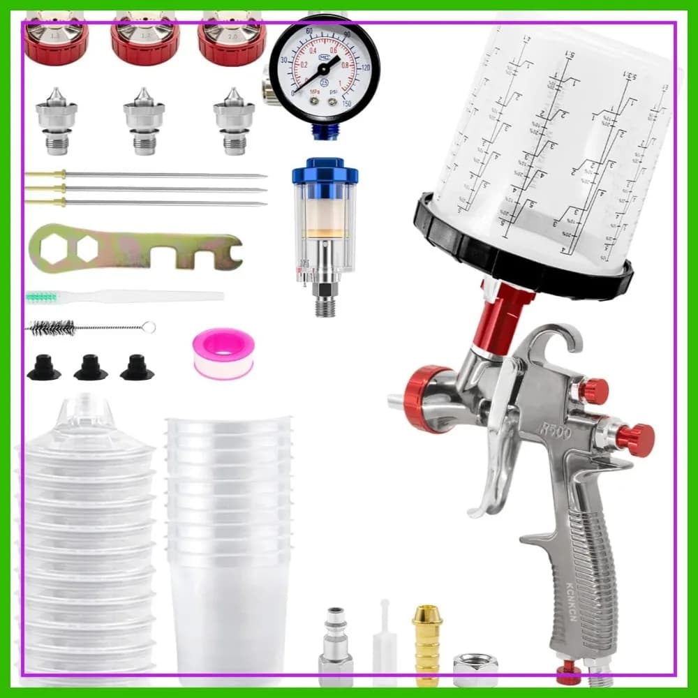 Pistola a Spruzzo LVLP R500 con Serbatoio da 650ml e 10 Tazze Monouso, Ugelli da 1.3/1.7/2.0mm, per Verniciatura Auto, Mobili, Casa