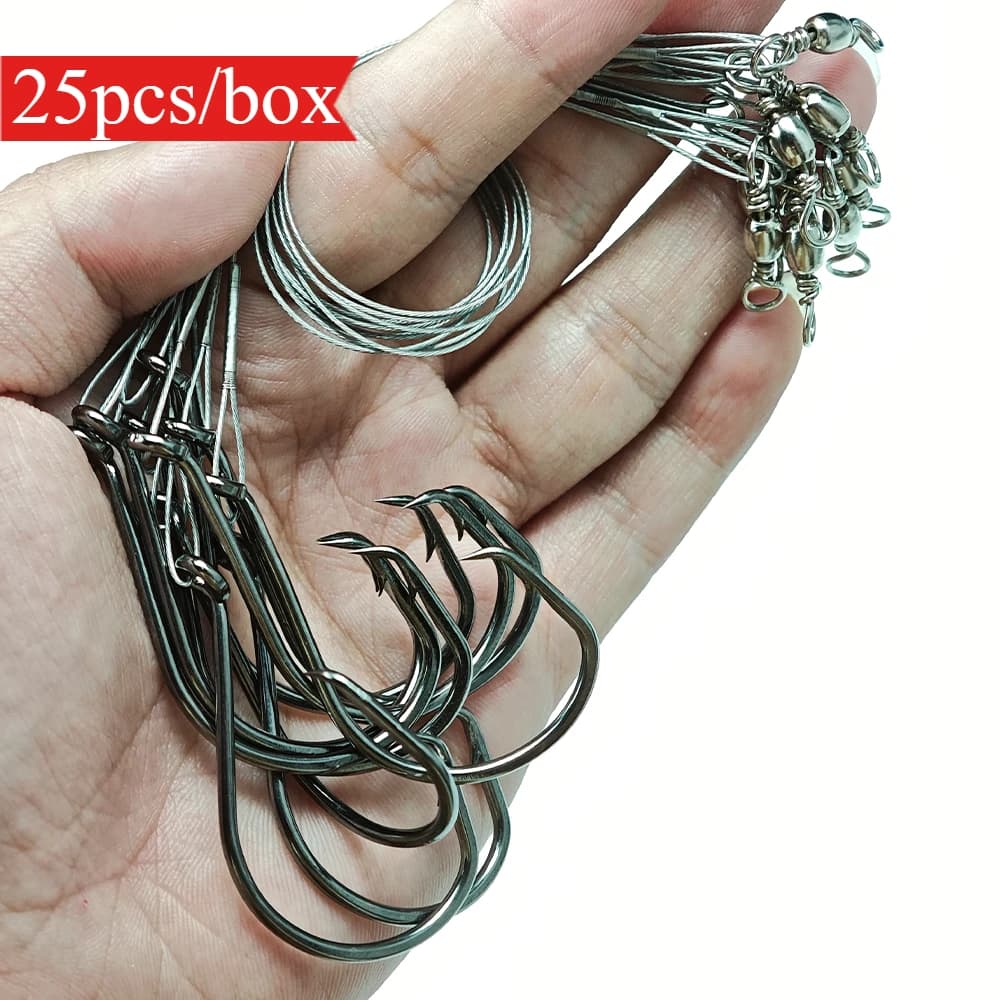 25pcs/box Pre‑tied Stainless Steel Wire Leader Barbed Fishing Hooks with Swivel, Anti‑tangle Heavy Duty SaltwaterFishing Tackle