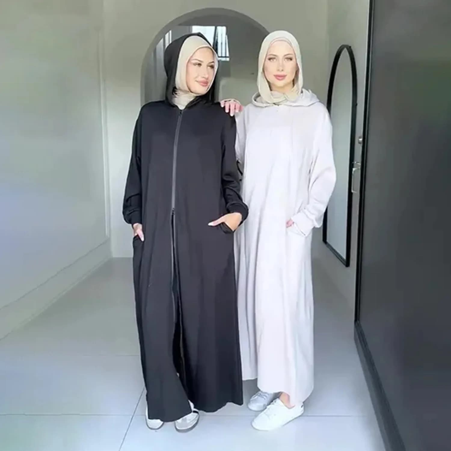 2026 Abaya con cappuccio da donna islamica modesta moda autunno inverno con abito musulmano con cerniera lunga a doppia testa