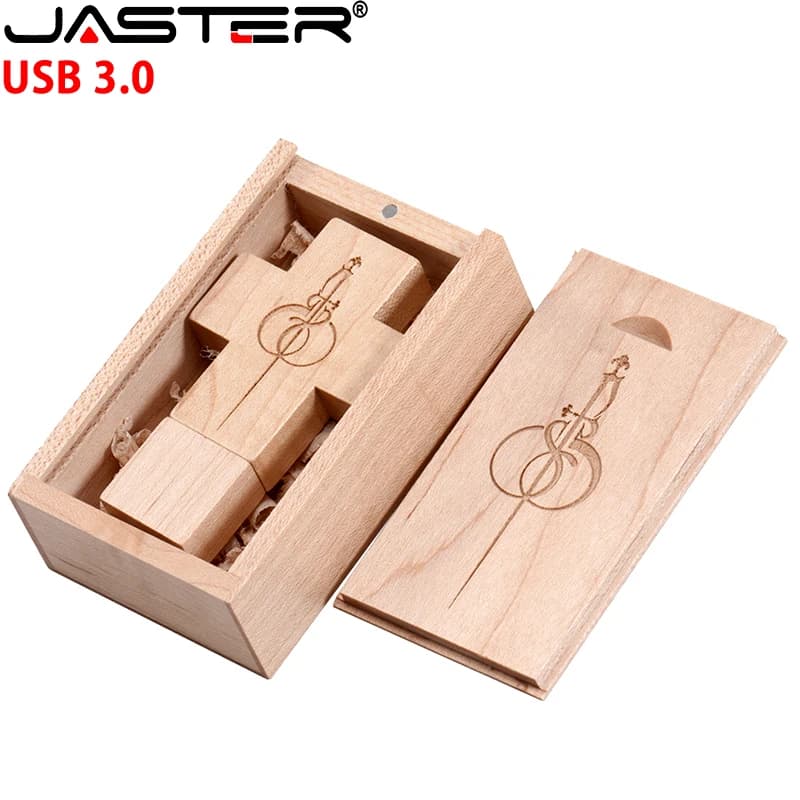 JASTER USB 3.0 Flash Drive Legno Croce Memory Stick Scatola di legno di acero Pen drive Logo personalizzato gratuito Pendrive Regali di nozze 128 GB 64 GB
