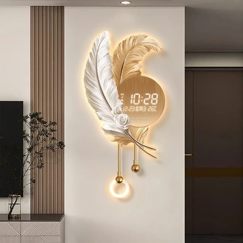 With LED Lighting Luxury TV Background Art For Living Room Contemporary Wall Decor Modern luxury Feather Design Wall Clock