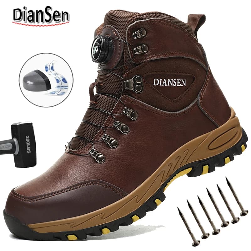 Stivali da lavoro alti da uomo con punta in acciaio Stivali di sicurezza antiscivolo a prova di foratura con bottone rotante Scarpa industriale con suola in gomma resistente