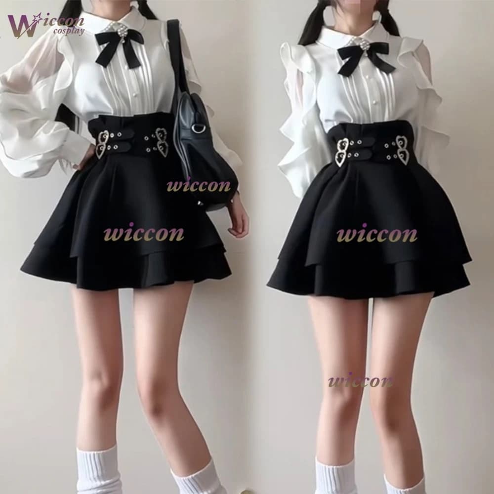 Cos Room jirai kei Skirts Japanese Style Noble Lady Outfit Blouse Ruffled Blouse A-line Waisted Tiered Mini Skirt 2pc set