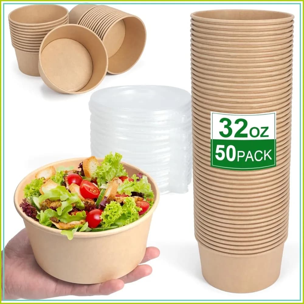 50 Pcs 32 oz Disposable Meal Prep Containers with Lids, Paper Bowls for Hot/Cold Soup & Salad