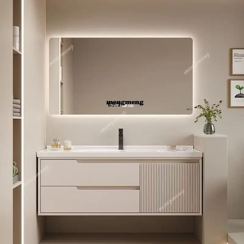 Mobili Bagno Intelligenti con Specchio Integrato, Lavabo in Ceramica, Arredo Semplice per la Casa