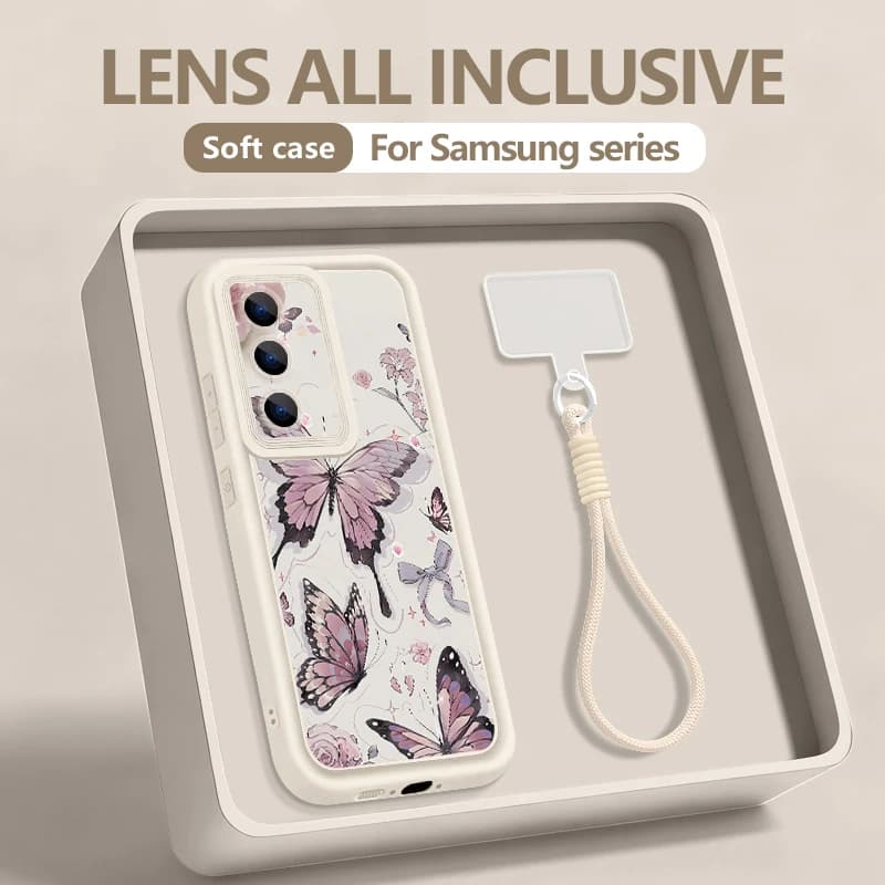 Wrist Lanyard Phone Case For Samsung Galaxy S26 S24 S25 Ultra S23 S25 FE A57 A17 A56 A16 A55 A54 A15 A25 Butterfly Print Cover